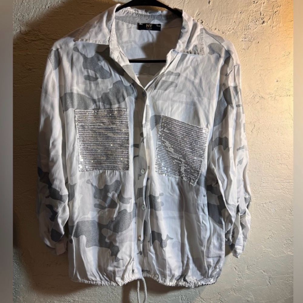 Women's Button Down Shirt - White and Gray camo design